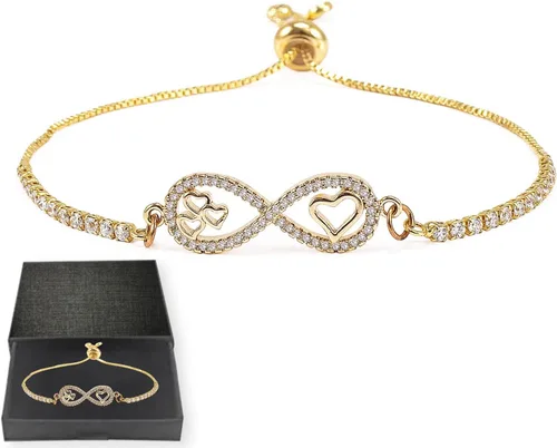 Vista 6 de Pulsera con dije de corazón infinito, pulsera de corazón de amor para mujer, 14 quilates de circonita cúbica, ajustable, pulsera de cadena de tenis