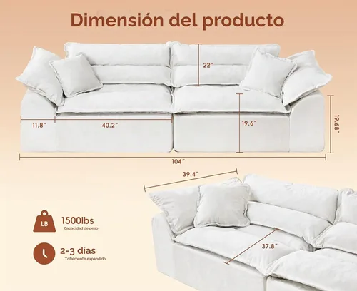 Vista 2 de Hobestluk Sofá modular de 104 pulgadas, sofá modular de 3 plazas, sofá sin hueso, sofá nube con cojín extraíble, sofás modulares seccionales