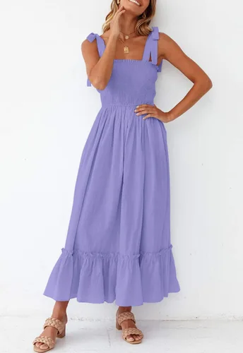 Vista 4 de ZESICA vestido bohemio y liso de verano para mujer, acampanado, con tirantes delgados, cuello cuadrado y volantes, vestido largo para la playa