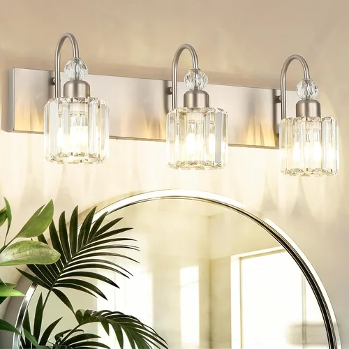 Vista 23 de Ralbay Modernas luces LED de cristal para tocador de baño, 3 luces de acero inoxidable, luces de tocador de cristal sobre el espejo, accesorios