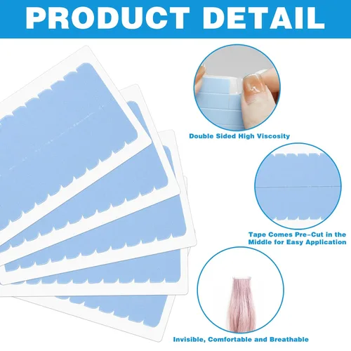 Vista 4 de 480 Piezas de Cinta Adhesiva para Extensiones de Cabello, Cinta Adhesiva de Doble Cara para Cabello Humano, Cinta Adhesiva de Reemplazo para Azul