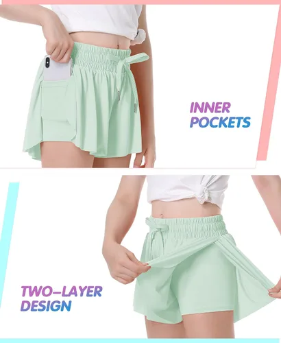 Vista 2 de QooNoo Girls Butterfly Shorts with Pocket Flowy Athletic Shorts High Waist Preppy Running Shorts for Kids Teen