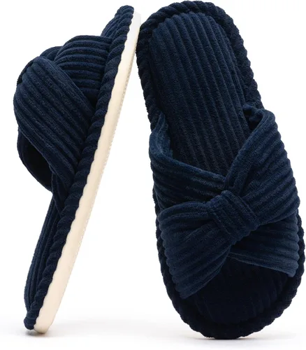 Vista 9 de Chantomoo Pantuflas para mujer, de espuma viscoelástica, para el hogar, dormitorio, baño, spa, puntera abierta, con lazo de pana, acogedoras