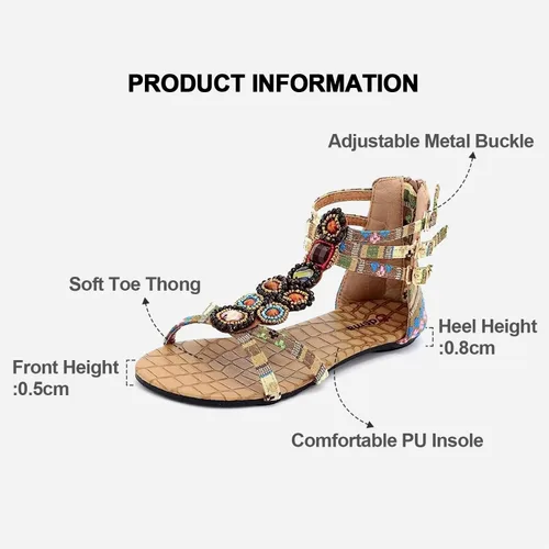 Vista 3 de Odema Sandalias planas para mujer, con cuentas bohemias, con cremallera trasera, zapatos elegantes