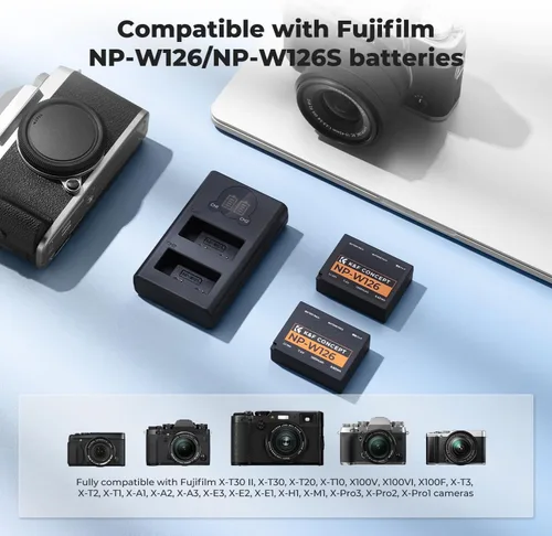 Vista 3 de K&F Concept Batería y cargador NP-W126 NP-W126S de 1300 mAh para Fujifilm XM5, X100VI, X100V, XS10, XT30, XT30 II, XT20, XE4, A5, cargador rápido