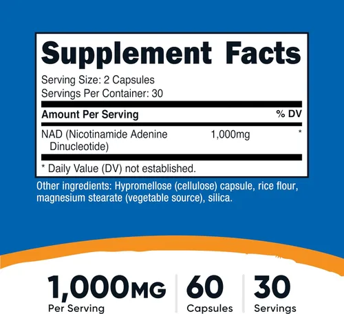 Vista 2 de Nutricost Suplemento NAD+ (1,000 mg) 60 cápsulas - Dinucleótido de nicotinamida y adenina, vegano, sin OMG, sin gluten, 30 porciones