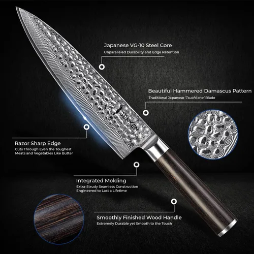 Vista 6 de SENKEN Damasco - Juego de cuchillos de 5 piezas, colección Ronin con núcleo de acero japonés VG10, cuchillos de chef con mango de madera, Santoku