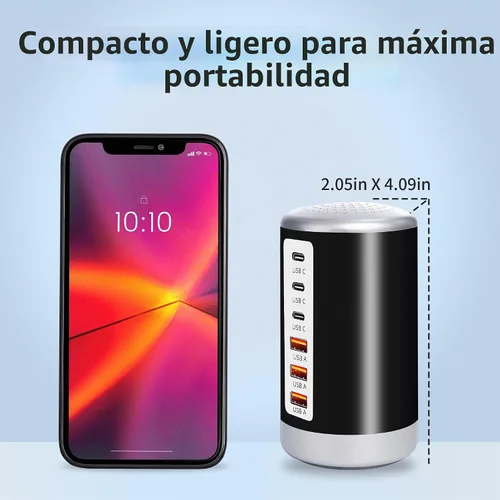 Vista 6 de Estación de carga USB de 60 W, 6 puertos (3 USB-A y 3 USB-C) compatible con iPhone 15/14/13/12/11, tabletas, teléfonos inteligentes, color negro