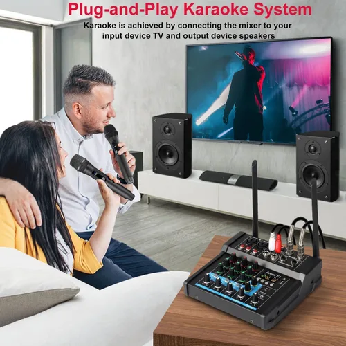 Vista 11 de Aveek - Mezclador de audio amplificador de 150 W x2, 4 canales con 2 micrófonos inalámbricos