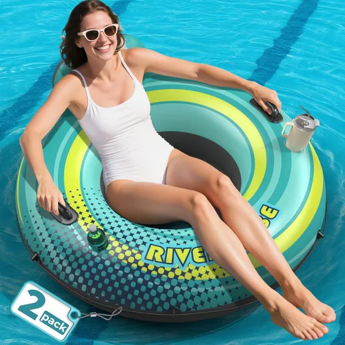 Vista 10 de Flotador de tubo de río resistente de 53 pulgadas para adultos, flotador inflable para piscina, lago y playa con portavasos incorporados, respaldo