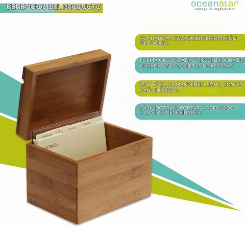 Vista 2 de Oceanstar Bambú – Caja de recetas con divisores, color natural.