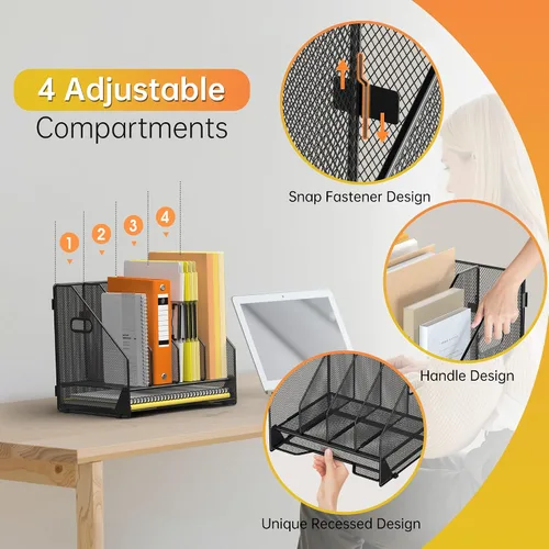 Vista 4 de Docnest Organizador de archivos de escritorio, 4 compartimentos verticales con bandeja de cartas, soporte de archivos de malla con asa