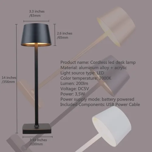 Vista 5 de Lámpara de escritorio inalámbrica led recargable, aluminio, regulable, adecuada para iluminación interior y exterior (negro)