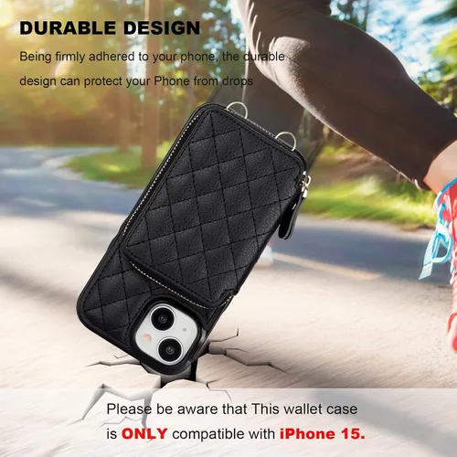 Vista 8 de Bocasal Funda tipo cartera con bandolera para iPhone 15, de cuero PU con bloqueo RFID, con cierre de cremallera, cartera tipo bolso con función
