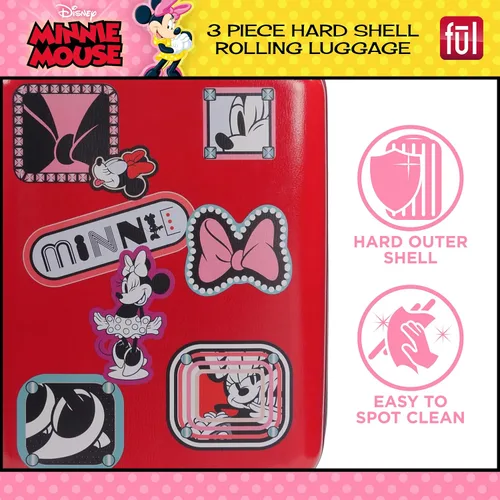 Vista 5 de FUL Disney Minnie Mouse Patchwork - Juego de equipaje con ruedas de 3 piezas, maleta rígida con ruedas, 21, 25 y 29 pulgadas, color rojo, Rojo