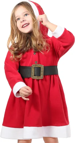 Vista 2 de Lilax Vestido rojo con capucha y cinturón navideño para niñas pequeñas, Rojo