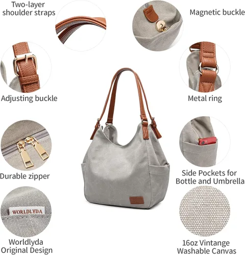 Vista 4 de Worldlyda Women Canvas Hobo Purse Multi Pocket Tote Shopper Shoulder Bag Casual Top Handle handbag with Embroidery Ethnic