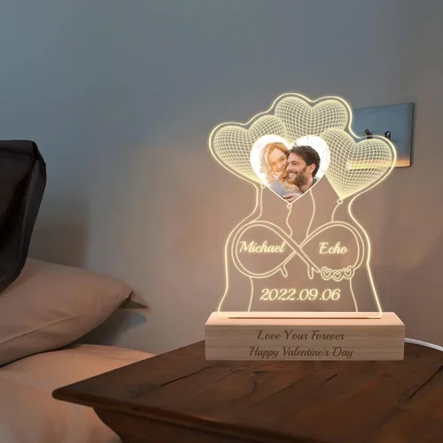Vista 5 de Regalo para ella, lámpara nocturna de acrílico infinito 3D personalizada con imagen, luz nocturna con foto personalizada, placas acrílicas
