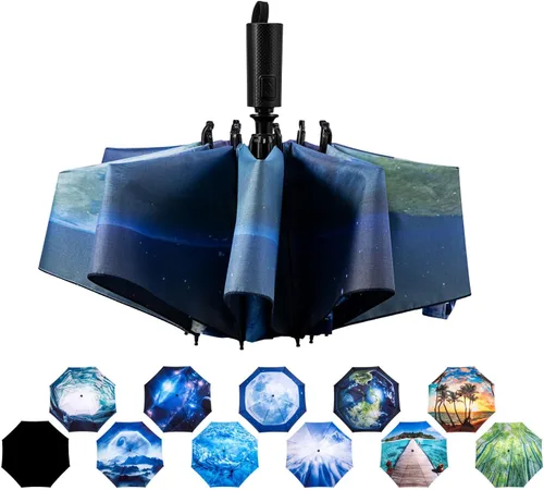 Vista 92 de LANBRELLA Paraguas plegable inverso compacto paraguas de viaje a prueba de viento automático