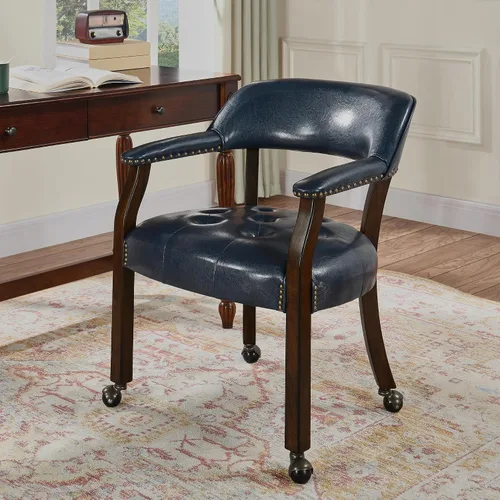 Vista 10 de Sillas de comedor con ruedas y brazo, sillas de capitán Caster Boss con patas de madera maciza, sillas de escritorio de oficina con botón tapizado