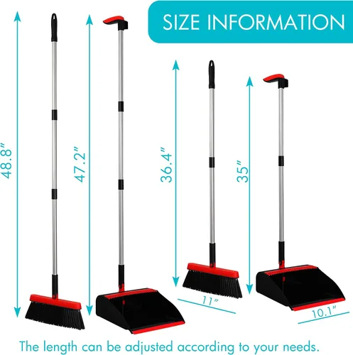 Vista 2 de Juego de 2 escobas y recogedor con mango largo de 48 pulgadas, color negro Stand Up Dustpan with Self-Cleaning Teeth and Long Handle Broom Set for