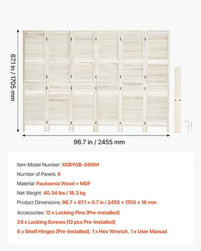 Vista 7 de VEVOR Separador de habitación de madera, 6 paneles, pantalla de privacidad Blanco