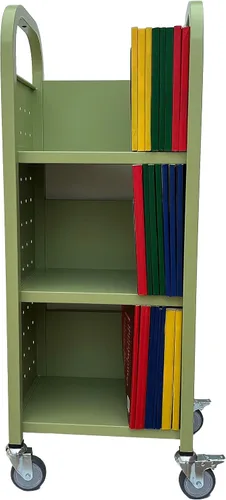 Vista 2 de Workington Carrito de libro con ruedas de un solo banco con 3 estantes planos, carrito de libros de biblioteca con ruedas giratorias bloqueables