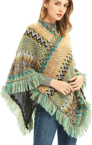 Vista 3 de Bufanda cálida de invierno étnica retro gruesa estilo señoras, capa de chal, sassel, bufanda de color a rayas