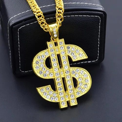 Vista 4 de FUNKA Collar de perro con cadena dorada ajustable de eslabones cubanos con colgante de signo de dólar de cristal, cadena de joyería para mascotas