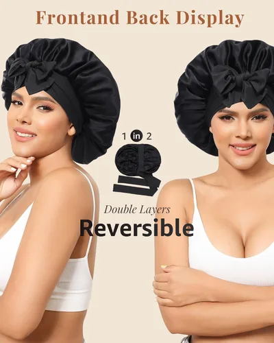 Vista 2 de Gorro de seda de AWAYTR para dormir, mujeres, 100% seda de morera con banda, reversible de 2 capas, envoltura para el cabello para dormir