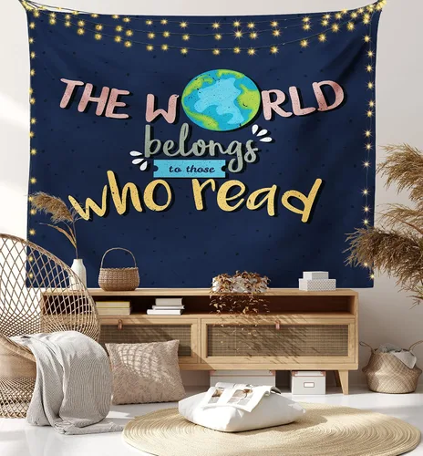 Vista 8 de Ambesonne Tapiz de libro, tamaño King, el mundo pertenece a los que leen palabras inspiradoras sobre fondo azul oscuro, colcha colgante de pared