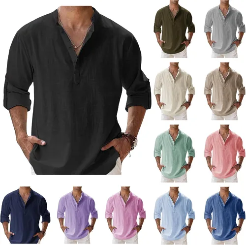 Vista 3 de Camisas de lino para hombre, de manga larga, con botones, de algodón, lino, talla grande, cuello de banda, color sólido, camisa de playa
