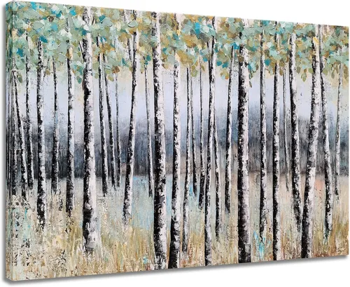 Vista 11 de SYGALLERIER Lienzo abstracto de árbol con pinturas texturizadas pintadas a mano en negro y azul con lámina plateada, imágenes modernas del bosque