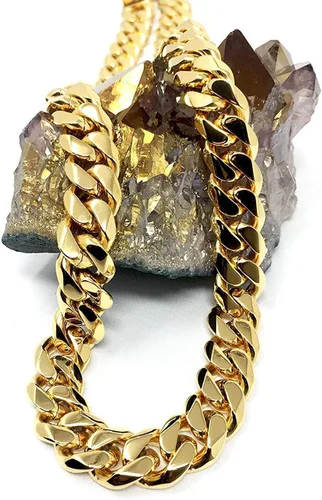 Vista 2 de HOLLYWOOD JEWELRY Collar de cadena cubana de oro de 0.433 in para hombres y mujeres, cierre fuerte real de 14 quilates, corte de diamante de oro