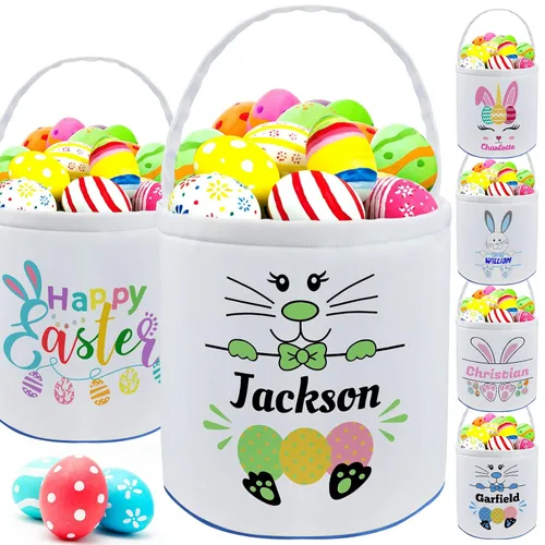 Vista 27 de Cesta de Pascua personalizada con nombre para niñas, niños y niños, cesta de Pascua personalizada bolsas de regalo para caza de huevos de Pascua