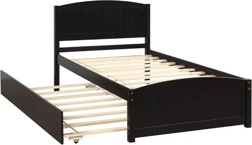 Vista 3 de Merax Cama de plataforma de madera tamaño individual, marco de cama con cama nido, no requiere somier, color espresso