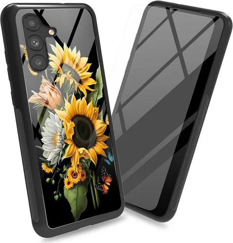 Vista 19 de Funda para Samsung Galaxy A13 5G con protector de pantalla, cubierta trasera de vidrio templado, diseño de flores de gato negro, marco de Flores