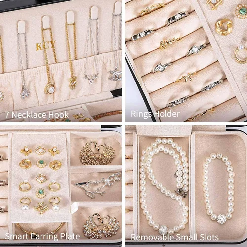 Vista 4 de KCY Joyero para niñas y mujeres pequeño estuche organizador de joyas de viaje cajas de almacenamiento de joyas portátiles de piel sintética soporte