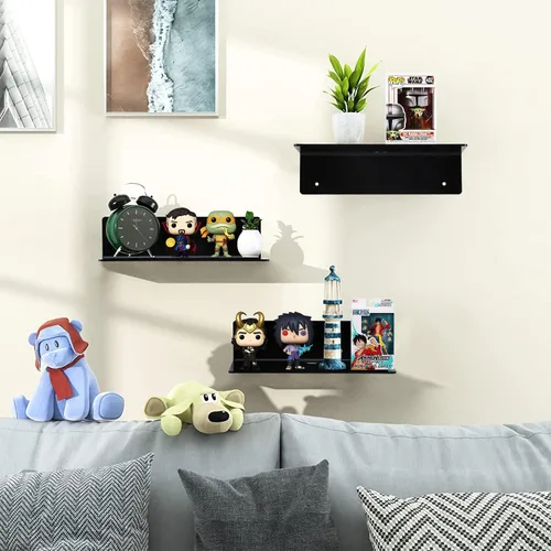 Vista 6 de Juego de 2 estantes flotantes de acrílico de 9 pulgadas sin taladro, juego de 2 estantes flotantes para almacenamiento Funko Pop, estantes flotantes