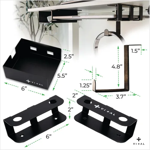 Vista 9 de VI+AL Soporte para laptop debajo del escritorio - Estante oculto de metal con almacenamiento lateral, gancho y organizador de cables - Se instala