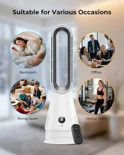 Vista 7 de Ventilador caliente y frío 2 en 1 sin aspas, calentador de espacio silencioso de 1600 W con control remoto, 8 velocidades, oscilación de 80°