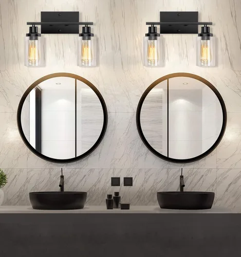 Vista 6 de Lámparas de baño, luces negras de 2 luces, luz de tocador de baño Modern Metal Frame Wall Lamp over Mirror with Clear Glass Shades, Vanity Lights