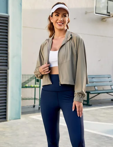 Vista 4 de UANEO Chaqueta deportiva corta para mujer, con cremallera, manga larga, para entrenamiento, gimnasio, yoga, correr, deportes, chaquetas