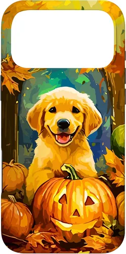 Vista 22 de Cute Golden Retriever Fall Pumpkin Autumn Leaves Halloween Case for iPhone 16