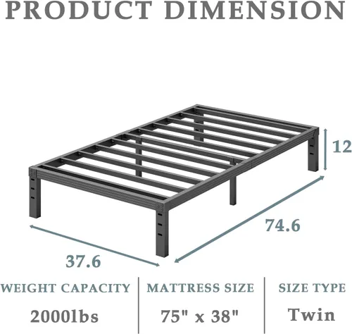 Vista 2 de FSCHOS Marco de Cama de Plataforma de Metal Twin - 12 Pulgadas, No Necesita Somier, Extra Resistente, Fácil Montaje, Sin Ruido, Negro