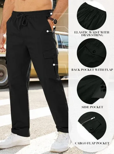 Vista 6 de JMIERR Pantalones cargo casuales para hombre, ajuste relajado, ligeros, elásticos, cintura elástica, con cordón, pantalones tácticos con múltiples