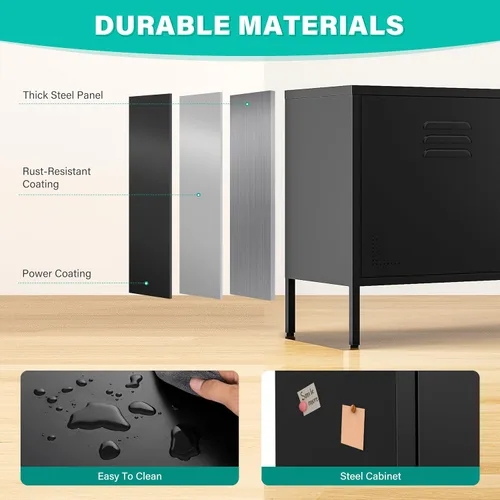 Vista 8 de SISESOL Armario de almacenamiento de metal negro con puertas y estantes, armario de almacenamiento de metal ancho de 2 puertas con patas y orificio