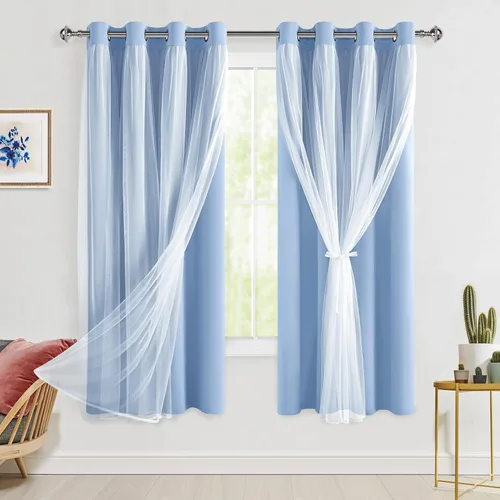 Vista 100 de Hiasan Cortinas opacas con superposición transparente, aislamiento térmico para mezclar y combinar de doble capa, cortinas de oscurecimiento de Beige