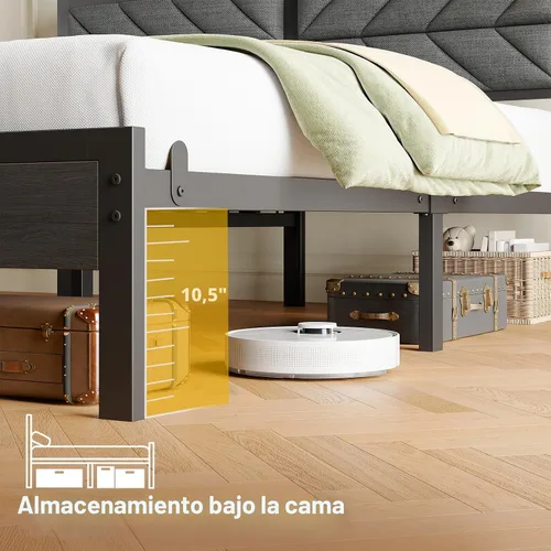 Vista 7 de Seventable Base de cama individual con estación de carga y luces LED, cabecera tapizada con estantes de almacenamiento de 2 niveles, plataforma