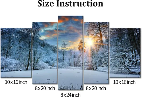 Vista 2 de Arte de pared de invierno, campo de nieve, lienzo moderno, pintura en lienzo de invierno, nieve, bosque, árbol, amanecer, puesta de sol, paisaje